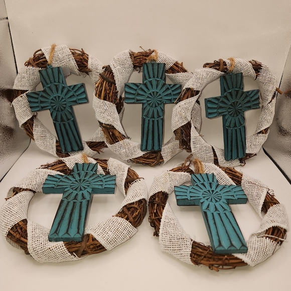 Handmade Other - 5 Wreaths Rustic Turquoise Teal Crosses Handmade Religious 6"